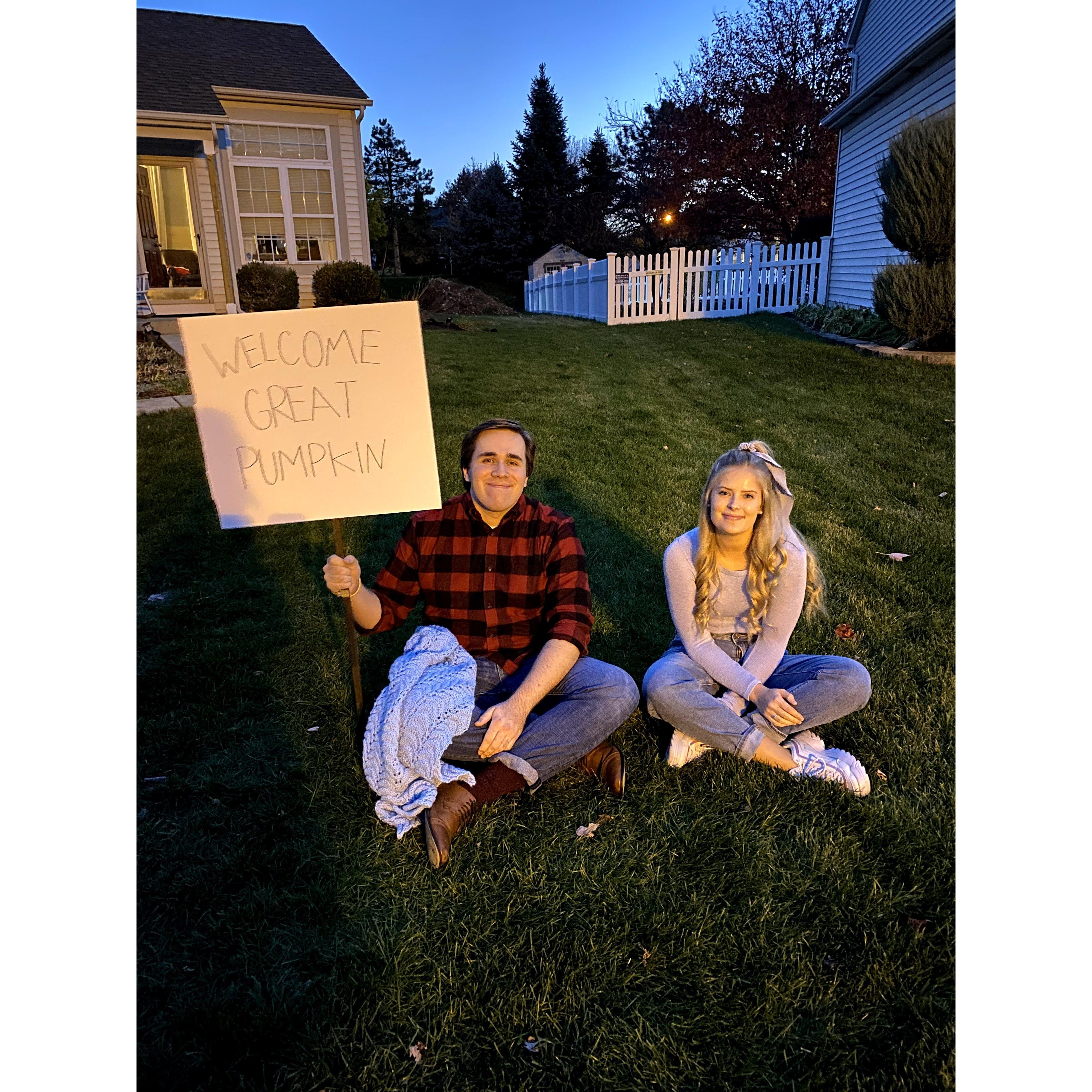 october 2020- halloween as sally, linus, and snoopy!