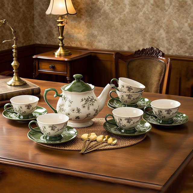 Green Vintage Porcelain Tea Set, Ceramic Teapot Cup Saucer Set, Floral Coffee Set, Afternoon Tea Set, Gift For Tea Or Coffee Lovers
