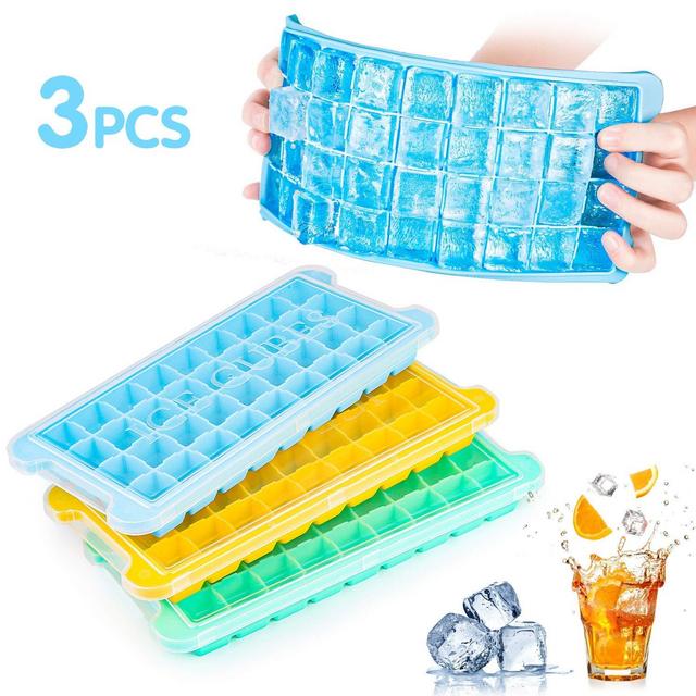 Ice Cube Trays Silicone with Lids 3 Pack, Easy Release Flexible Ice Cube Molds,36 Cubes Per Tray for Cocktail, Whiskey, Baby Food, Chocolate, BPA Free(Yellow/Blue/Green)
