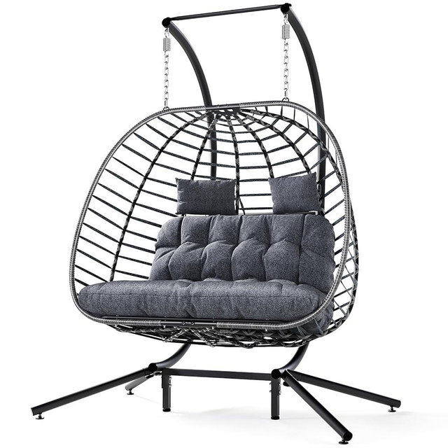 SWITTE Double Egg Swing Chair with Stand, Outdoor Patio 2 Person Hanging Wicker Hammock Chairs with Cushion for Indoor Bedroom, Lawn, Garden-Dark Grey