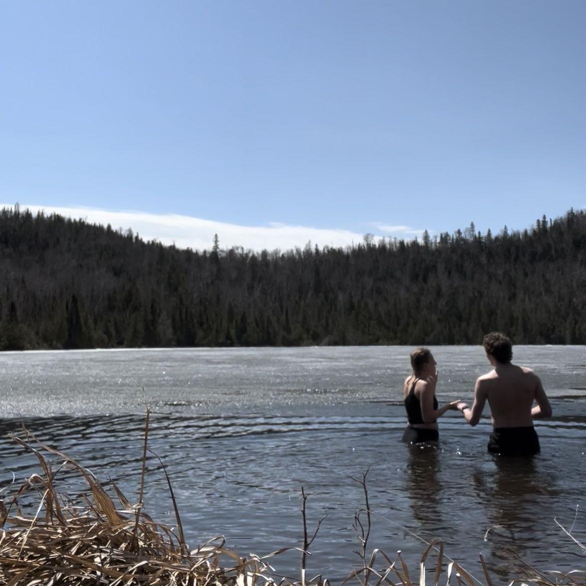 The first swimming in 'solid water' together.