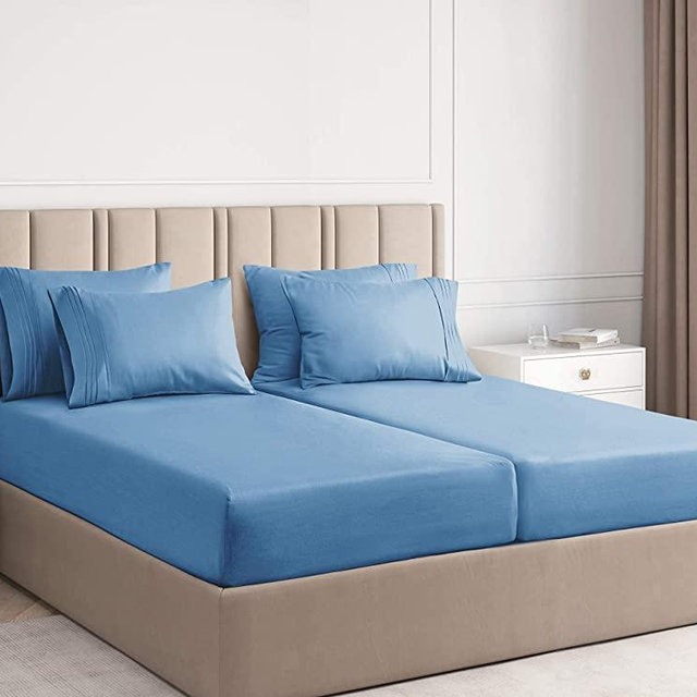 Split King Size Sheet Set - 7 Piece Set - Hotel Luxury Bed Sheets - Extra Soft - Deep Pockets - Easy Fit - Breathable & Cooling - Wrinkle Free - Comfy - Denim Blue Bed Sheets - Split Kings Sheets