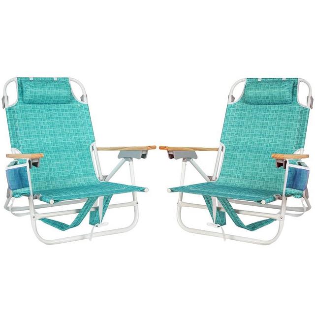FREETOUR 2 Pack Backpack Beach Chairs for Adults Capacity 300 Lb Low 5 Position Beach Chair with Pouch Straps Folding Lightweight Reclining Aluminum (Green Grid)