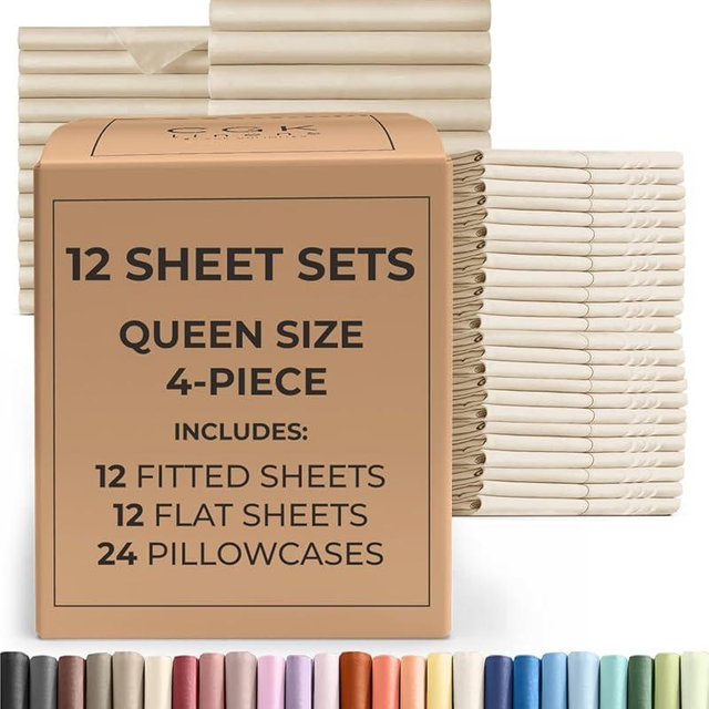 Bulk Case Pack of 12 Sheet Sets - (12) Complete Queen Size Sheet Sets with Deep Pockets - Wholesale Bulk Bedding for Hotels, Spas & Airbnbs - Breathable, Cooling, Soft & Wrinkle Free - (Queen, Wheat)