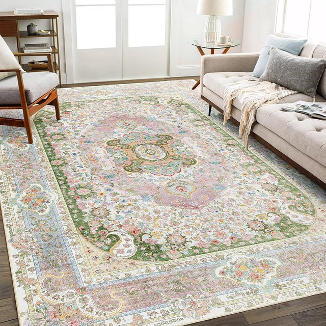 Castage 8x10 Area Rugs Washable,Pink Rug for Living Room Bedroom Dining Room,Large Boho Vintage Bohemian Distressed Carpet Non Slip,Blush Green