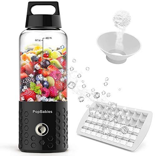 PopBabies Portable Blender, Personal Blender with USB Rechargeable Small Blender for Shakes and Smoothies, Stronger and Faster with Ice Tray Funnel Recipe, Black (FDA BPA free)