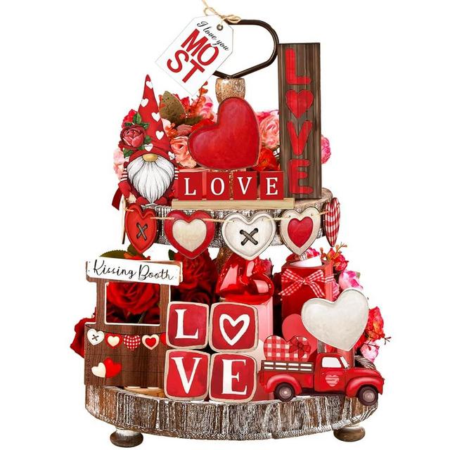 FairySandy 15 Piece Tiered Tray Decor Set Red Heart Gnome Wood Sign Decorations Rustic Farmhouse Wood Table Centerpieces with String Lights for Home Party Bedroom