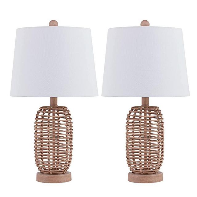 Maxax Natural Rattan Table Lamps Set of 2, Coastal Bedside Lamps 21'' Tall Brown Nightstand Lamps with White Fabric Shade for Bedroom, Living Room