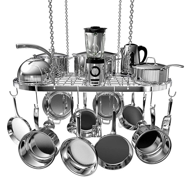 VDOMUS Pot Rack Ceiling Mount Cookware Rack Hanging Hanger Organizer with Hooks (Silver-33 X 17 Inch)