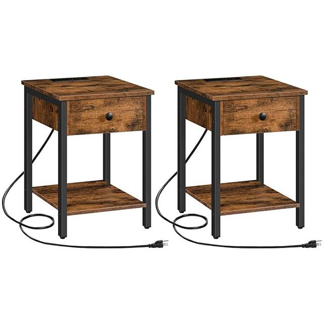 HOOBRO Set of 2 End Tables with Charging Station and USB Ports, Nightstand with Drawer and Storage Shelf, Bedside Table for Small Spaces, Living Room, Bedroom, Rustic Brown and Black BF401BZP201