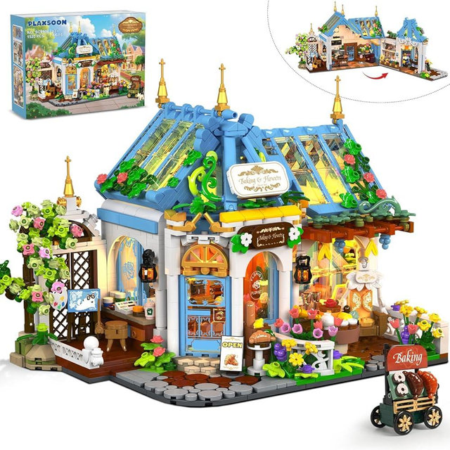 PLAXSOON Flower Café House Building Set with LED, 1520 PCS Botanical Coffee Architecture with Openable Design, Floral Bakery Construction Model for Home Decor, Gift for Adults Women Teens Girl Boy 12+