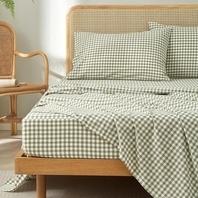 HighBuy King Size Sheet Set 100% Washed Cotton Gingham Bedding Sheets,Cooling & Breathable Sage Green Plaid Design,Comfortable Feel,16" Deep Pocket,4-Piece Sheets Set,Farmhouse Grid Sheets