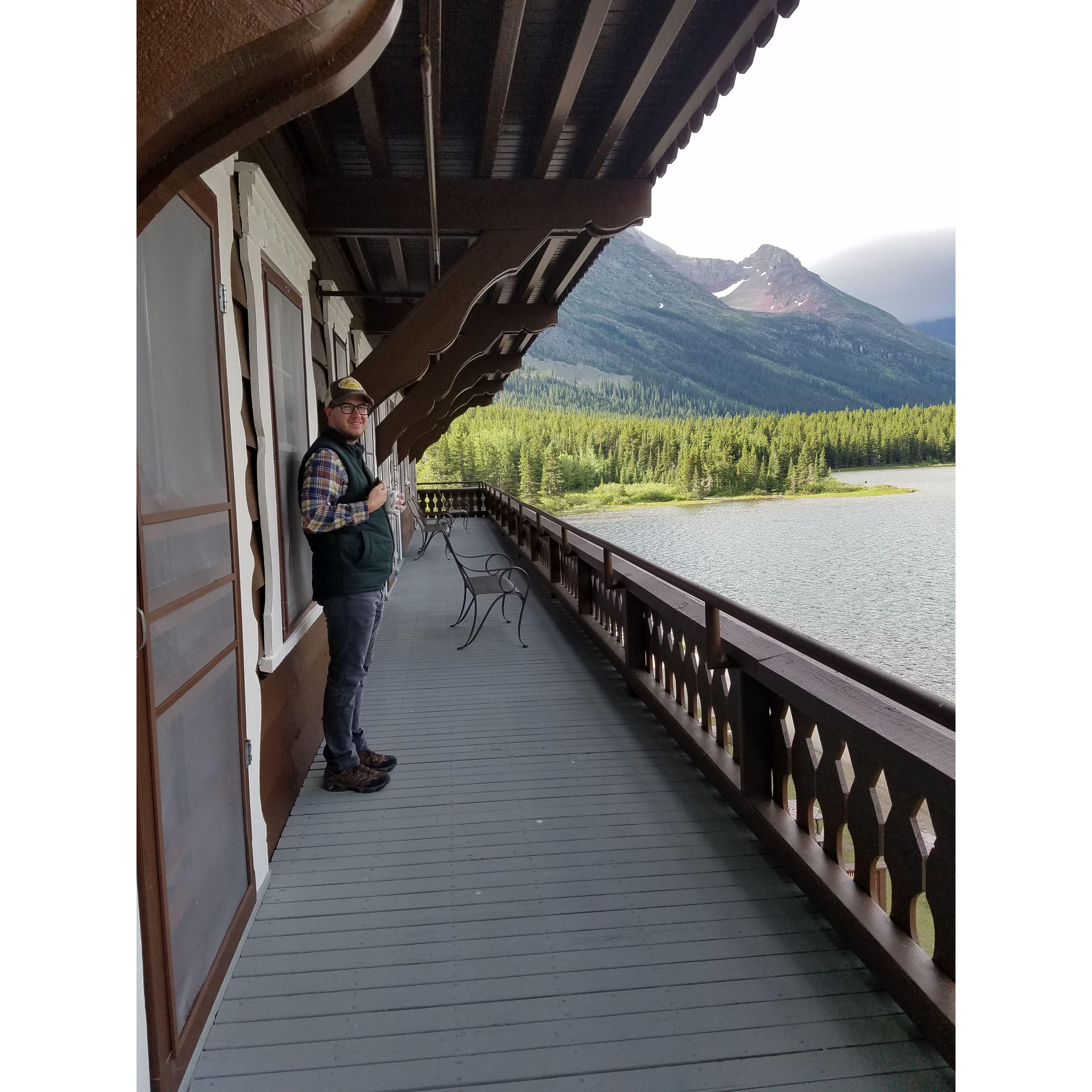 Many Glacier Hotel deck, overlooking Swiftcurrent Lake