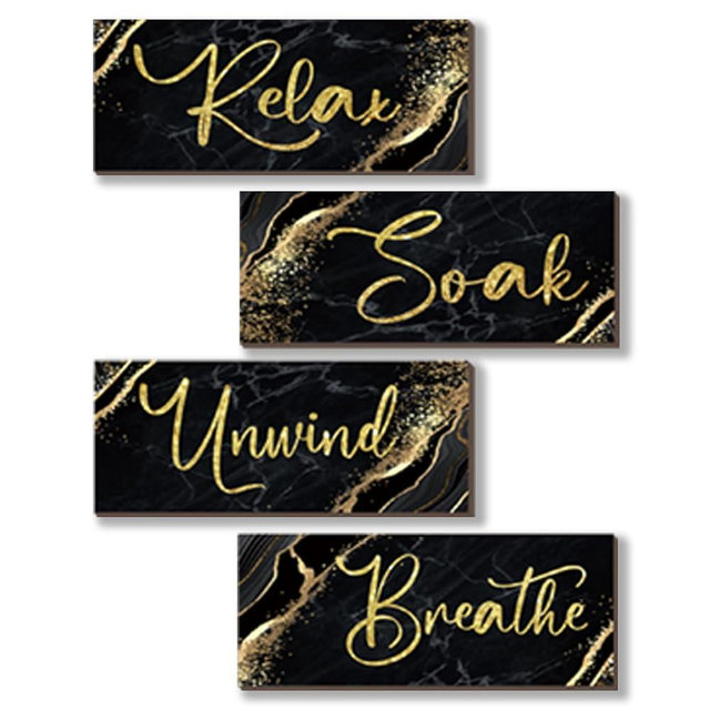 ONIZHITY 4 Pcs Black and Gold Bathroom Decor Black Gold Wall Decor Relax Soak Unwind Breathe Wooden Rustic Marble Style Bathroom Accessories for Bedroom Living Room Decor Kitchen(10X4)