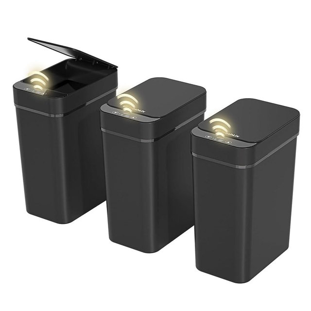 FRESHLIX 3 Pack Bathroom Trash Can 2.6 Gallon Small Touchless Automatic Motion Sensor Trash Cans Slim Waterproof Garbage Bin with Lid for Kitchen, Office, Bedroom Black