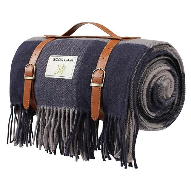 Good Gain Wool Picnic Blanket,Waterproof Backing with Handle, 60 x 80 Inch Large Size for Outdoor Travel Hiking Picnic Mat Grey Square