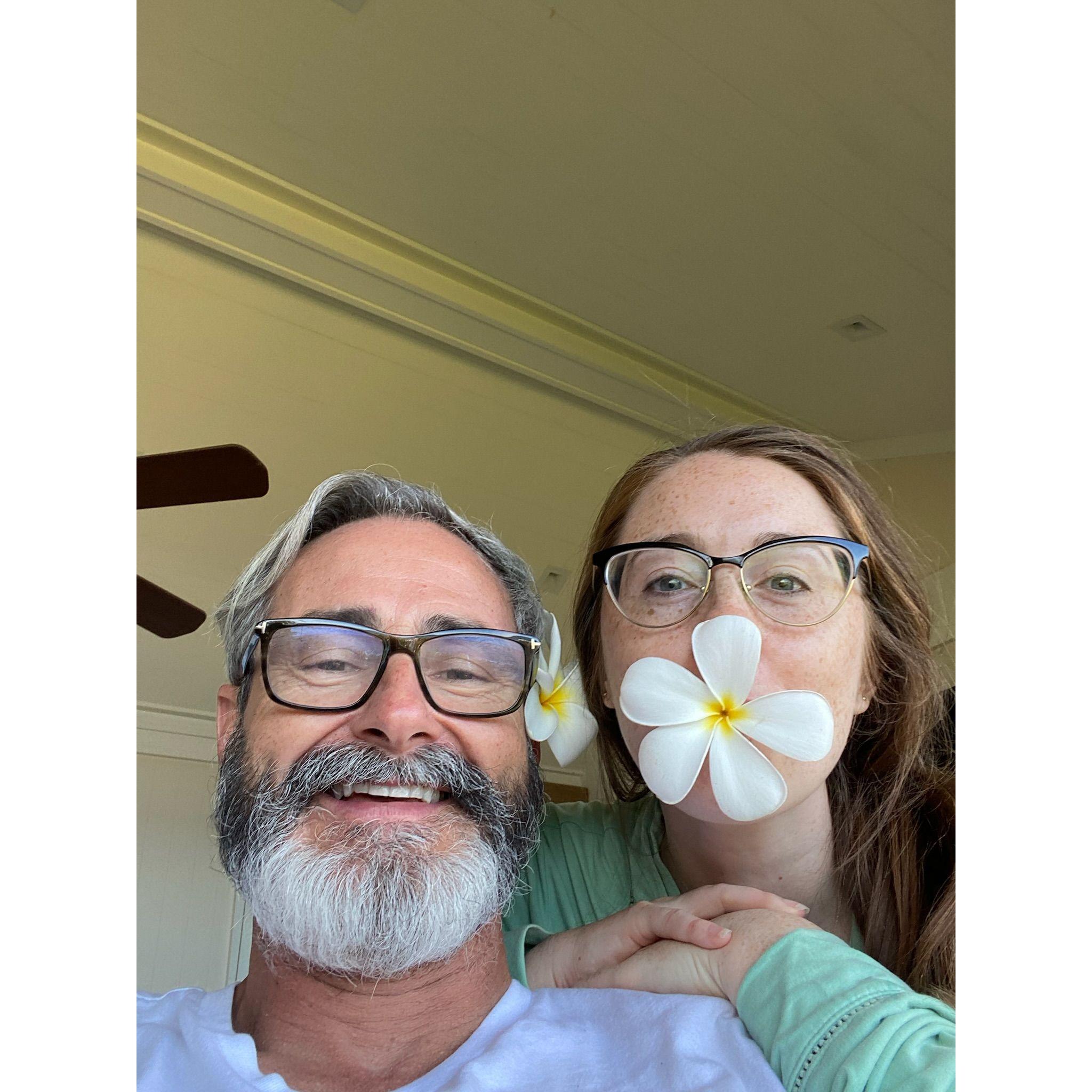 Feeling playful and joyful on our first family vacation - in Kauai - summer of 2022. (Do not try this at home - apparently plumeria are toxic, whoops)