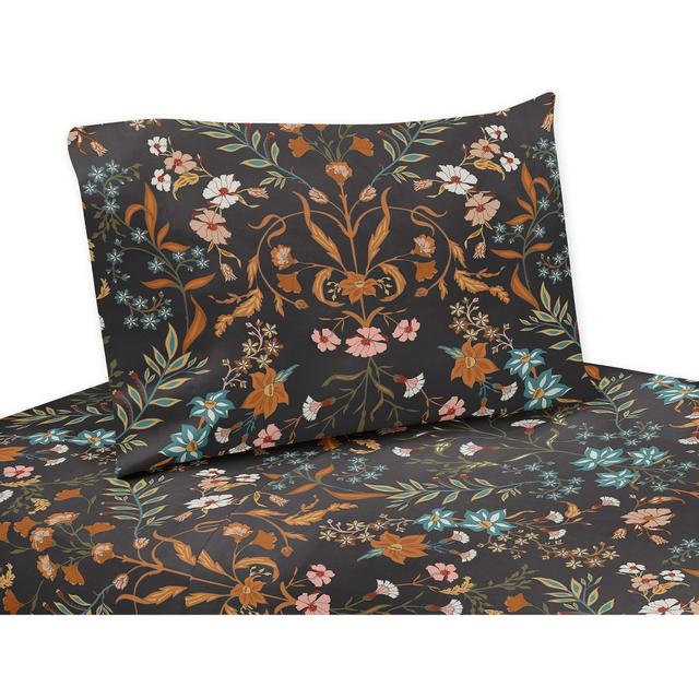 Sweet Jojo Designs Girl Queen Sheet Set Boho Floral Wildflower Orange Black and Blue 4pc