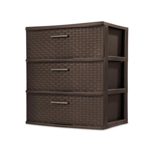 Sterilite 3 Drawer Wide Weave Storage Tower, Plastic Drawers to Organize Clothes in Bedroom, Closet, 2-Pack, Brown