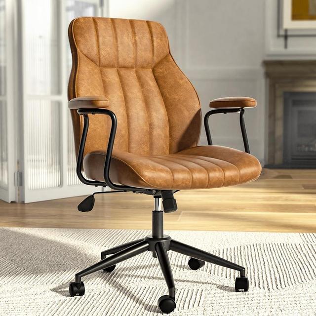 Bananister Brown Leather Desk Chair, Vintage Desk Chair with Wheels and Arms, Height Adjustable Mid Century Modern Desk Chair