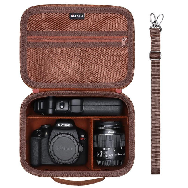 Camera Case Bag Compatible with Canon EOS Rebel T7/R50/R6 Mark II/R100/R50 V/T6/R8/R10/R5 Mark II/RP/R7/5D Mark IV/SL3/R5/T100 DSLR SLR Camera, Len and Tripod with 4 Dividers and Shoulder Strap, Brown