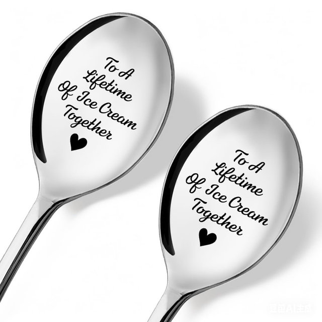 ZBBFSCSB To A Lifetime of Ice Cream Together - 2 Pcs Spoon Set, Ice Cream Together Scoops for Couples, Small Cute Engraved Ice Cream Spoon - Couples Spoons Gifts Ideas for Valentine's Day Engagement