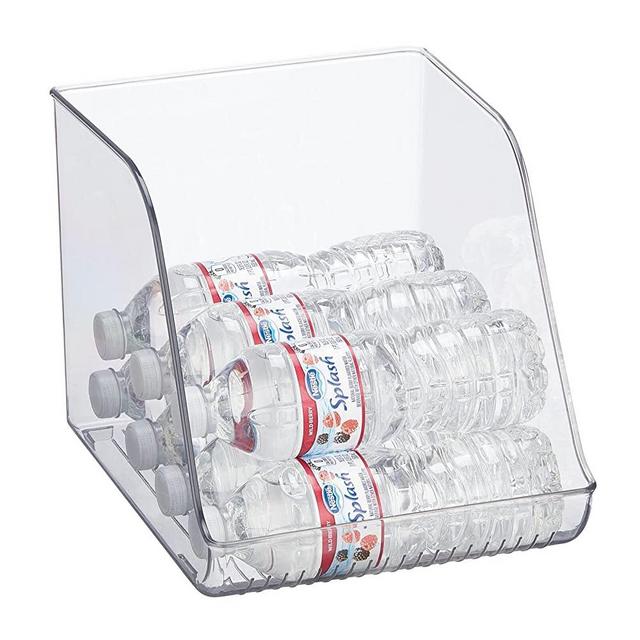 mDesign Plastic Water Bottle Storage Organization Bin - Open Front for Kitchen Refrigerator, Freezer, and Pantry, Holds 12 Bottles, Juice, Energy Drinks, and Beverages, Ligne Collection, Clear