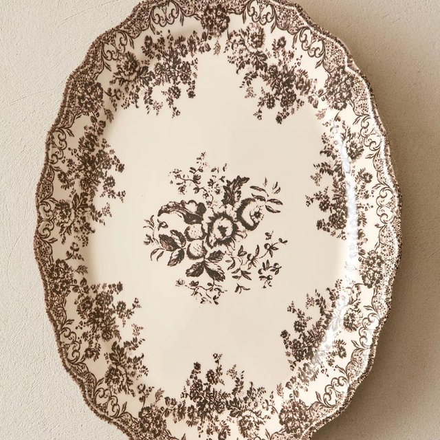 BROWN FLORAL EARTHENWARE SERVING DISH