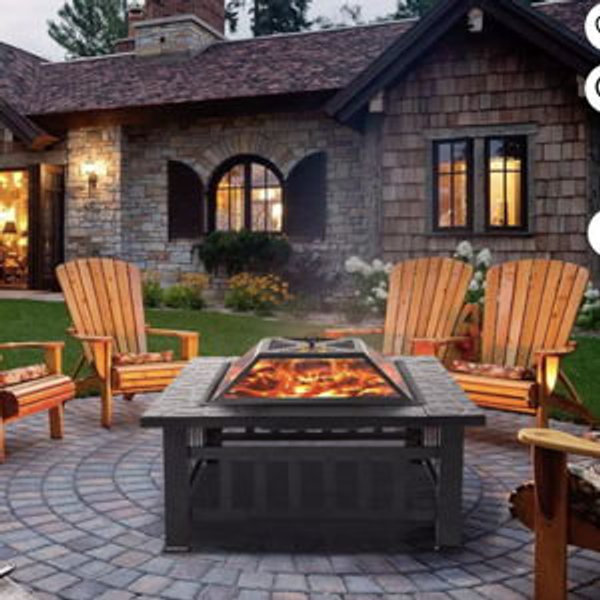 Multifunctional Fire Pit Table, 32'' Fireplace Heater/Ice Pit, Square Metal Fire Pit Stove with Screen Lid and Log Poker for Backyard Garden Camping Picnic Bonfire