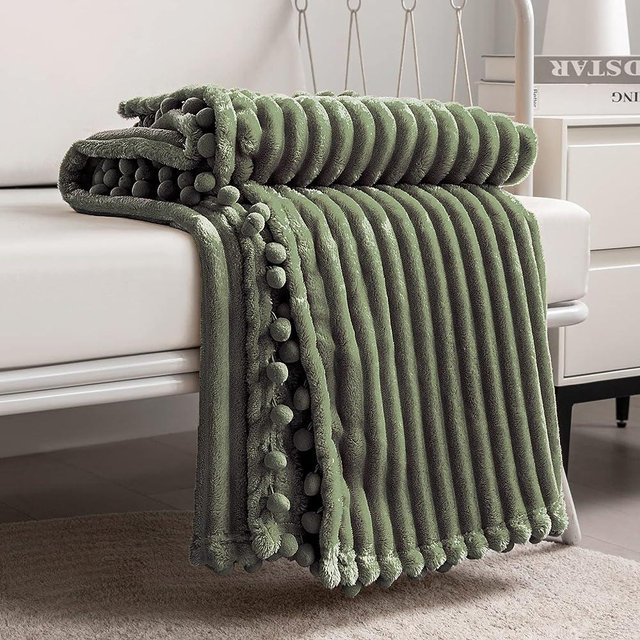 DISSA Fleece Blanket Throw Size – 51x63, Olive Green – Soft, Plush, Fluffy, Fuzzy, Warm, Cozy – Perfect Throw for Couch, Bed, Sofa - with Pompom Fringe - Flannel Blanket Throw Blanket