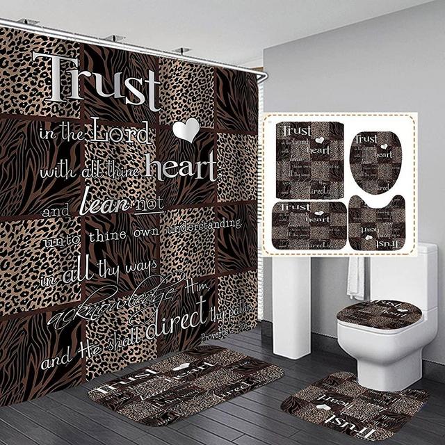 OLEBETY 4PCS/Set Inspirational Quote Shower Curtain, Leopard Proverbs Christian Bible Verse Scripture Bathroom Decor, Waterproof Fabric Bath Curtain, Non-slip Bath Rug Toilet Mats, Trust in Lord