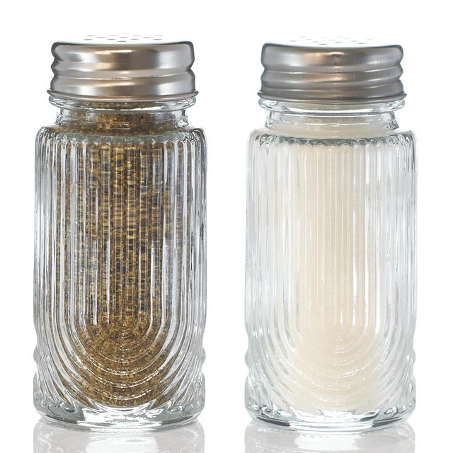 Wongblee 2 Pack Glass Salt and Pepper Shakers Set with 304 Stainless Steel Lid, Vintage Spice Shakers for Dining Room Table, Kitchen, Restaurant(Round-Ribbed)