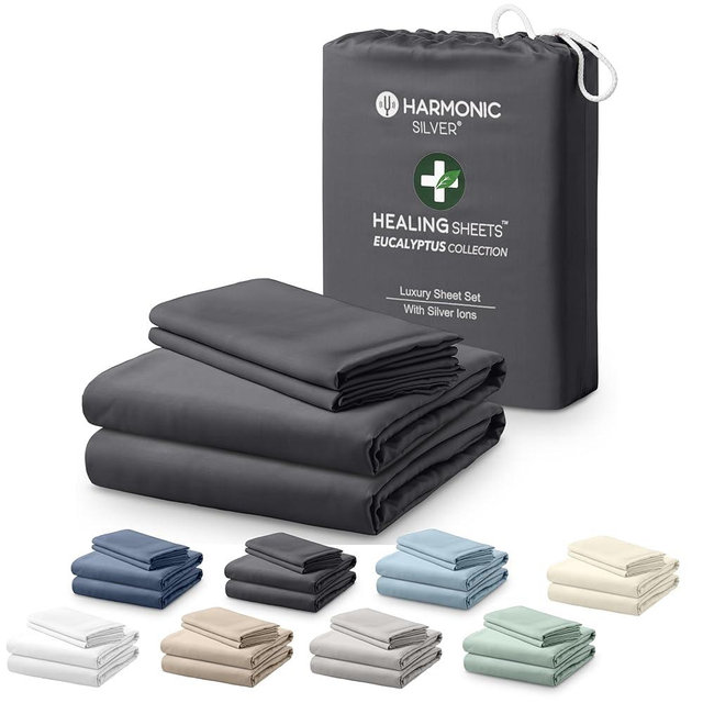 HARMONIC SILVER Eucalyptus Collection King Size Sheet w/Silver Ions | 100% Tencel | Ultra Soft | Cooling for Hot Sleepers | 18" Deep Pocket [Charcoal]