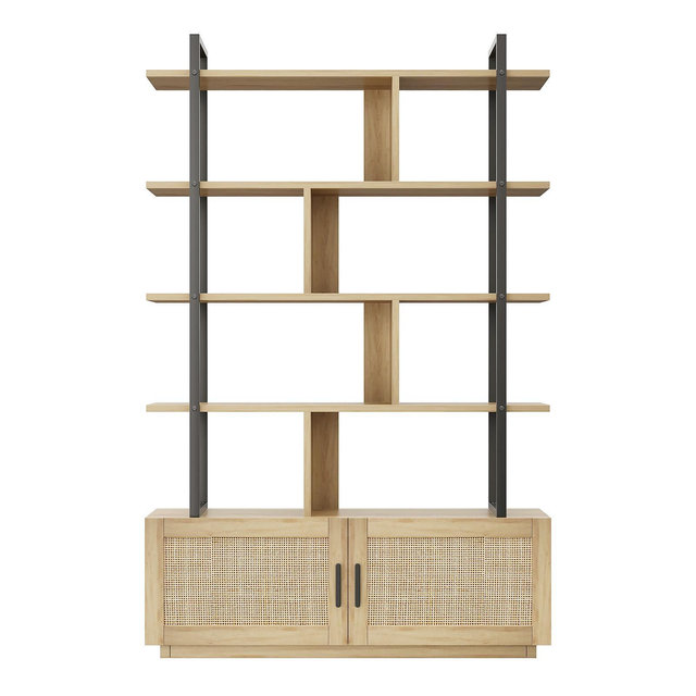 1 Set Particle Board and Metal Loft Rattan Bookshelf - Book Shelf, Layered Design, Rattan Weaving, Metal Frame, Natural Wood Color
