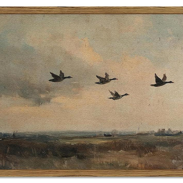 Vintage Flying Duck Wall Art, Rustic Landscape Wall Decor Retro Bird Painting Nature Wilderness 3D Textured Hand Drawn Sandstone Artwork Aesthetics for Bedroom Living Room 16x24 inch Wood Framed