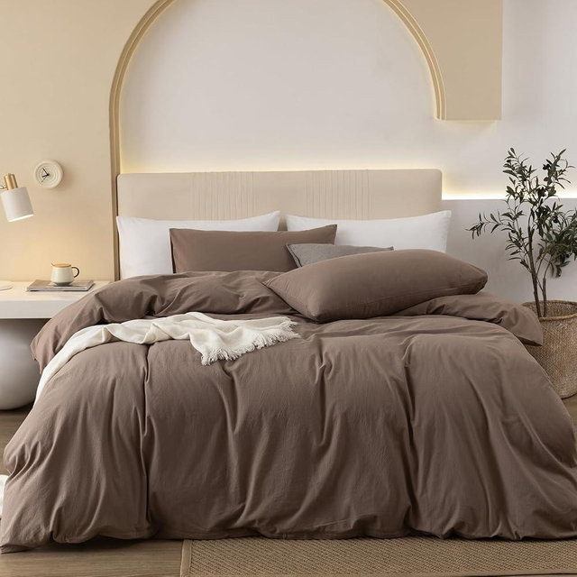 JIYUAN 100% Washed Cotton Duvet Cover Set Comfy Simple Style Soft Breathable Textured Durable Linen Feel Bedding for All Seasons Oversized Queen Size, Solid Brown