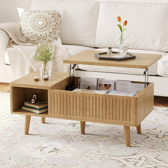 BITEAHO Lift Top Wooden Coffee Table, Fluted Center Table with Large Hidden Compartment and Ample Storage Open Shelf, Lift Tabletop Dining Table for Living Room, Home Office Small Space (C-Oak)
