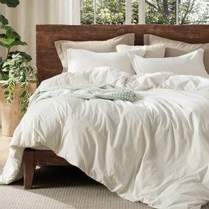 Bedsure 100% Washed Cotton Duvet Cover Queen Size - Ivory Minimalist Cotton Duvet Cover Linen Like for All Seasons - GentleSoft™ Plain Simple Bedding, 3 Pieces (Ivory, Queen, 90"x90")