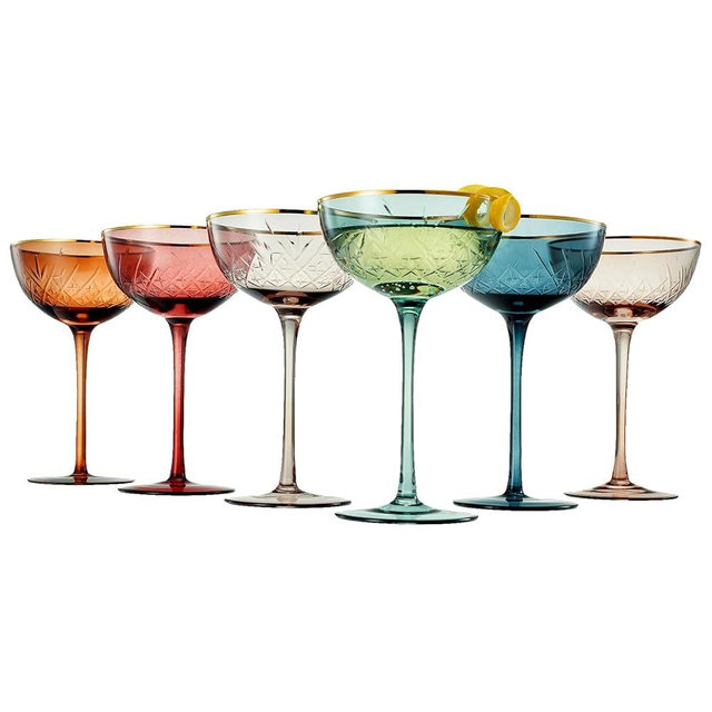 Vintage Art Deco Coupe for Champagne, Martini, Cocktails | Set of 6 | 7 oz Classic Cocktail Glassware - Manhattan, Cosmopolitan, Sidecar, Crystal Speakeasy Style Saucer Goblets with Stems (Muted)