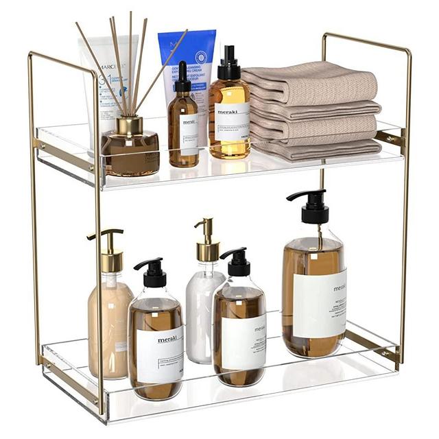 Bathroom Countertop Organizer, 2 Tier Acrylic Tray Vanity Counter Skincare Organizer Shelf, Kitchen Under Sink Standing Rack, Home Storage Holder for Lotion Makeup Cosmetics Perfume Spice, Gold