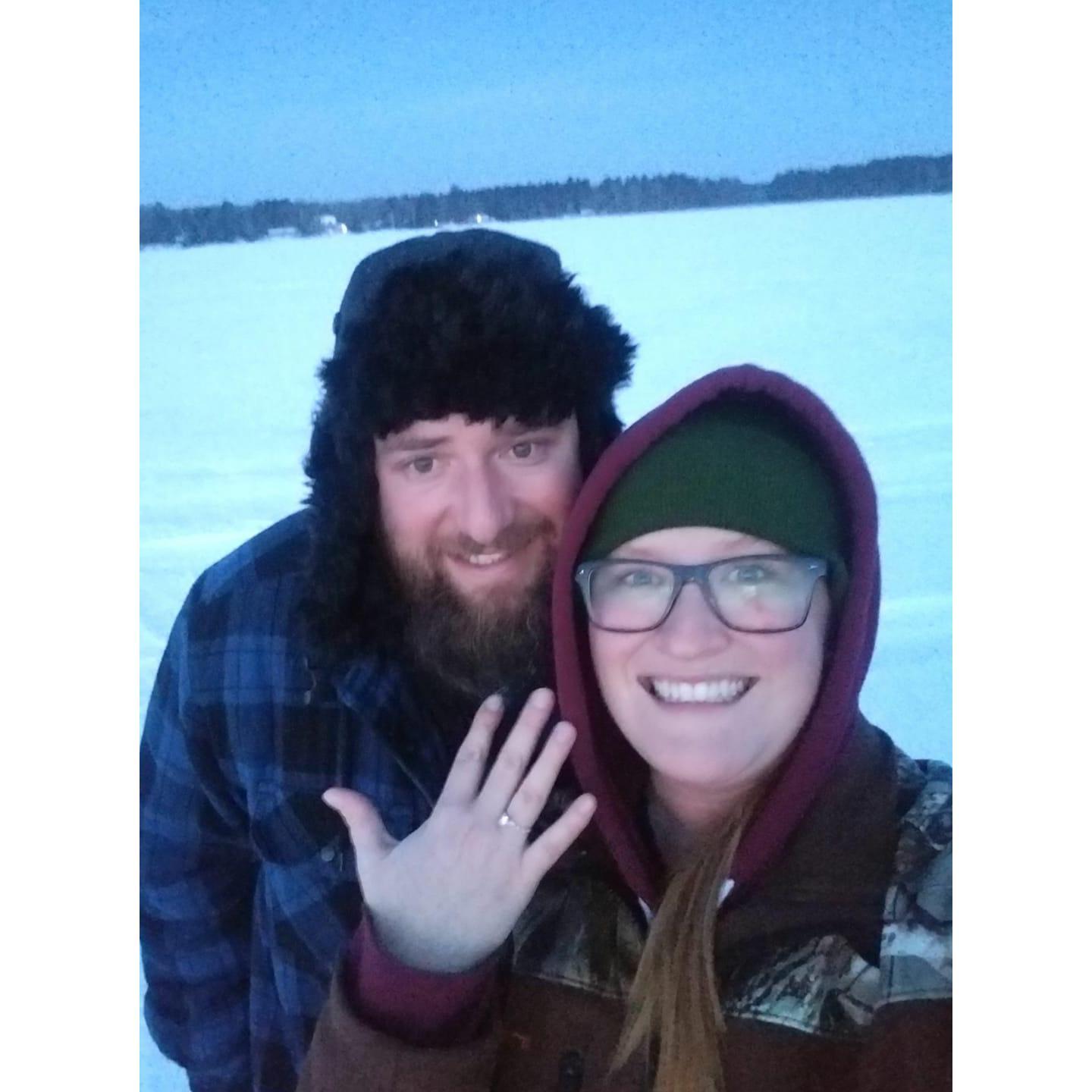ENGAGED! CJ Proposed while we were out ice fishing.