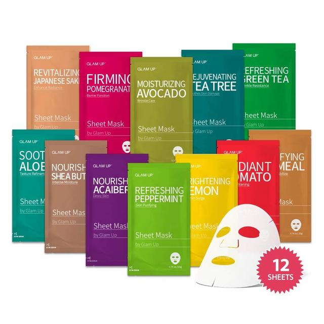 Sheet mask by Glam Up Facial Sheet Mask BTS 12 Combo (Pack of 12) - Face Masks Skincare, Hydrating Face Masks, Moisturizing, Brightening and Soothing, Beauty Mask For All Skin Type