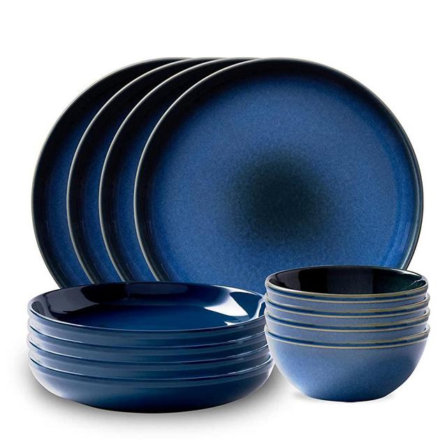 Corelle Stoneware 12-pc Dinnerware Set, Navy, Solid and Reactive Glazes, Service for 4