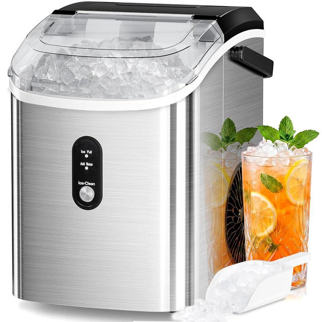 Nugget Countertop Ice Maker with Soft Chewable Ice, 35Lbs/24H, Pebble Portable Ice Machine with Ice Scoop, Self-Cleaning, One-Click Operation, for Kitchen,Office Stainless Steel Silver