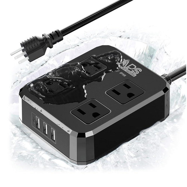 IPX6 Outdoor Power Strip Weatherproof, Waterproof Surge Protector with 4 Wide Outlet with 3 USB Ports, 6FT Long Extension Cord, Wall Mountable for Outside Decorations and More UL Listed(Black)