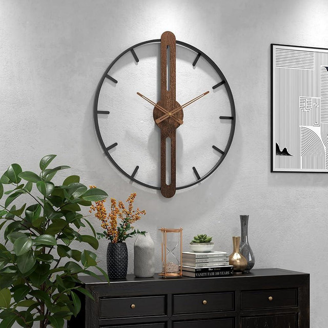 DAYDAYART Modern Walnut Dial Wall Clock, Wood Large Wall Clock Decor Metal Frame Silent Non Ticking for Living Room, Bedroom, Kitchen, Study Decoration, Handmade Home Present Idea, 24 in （60 cm）