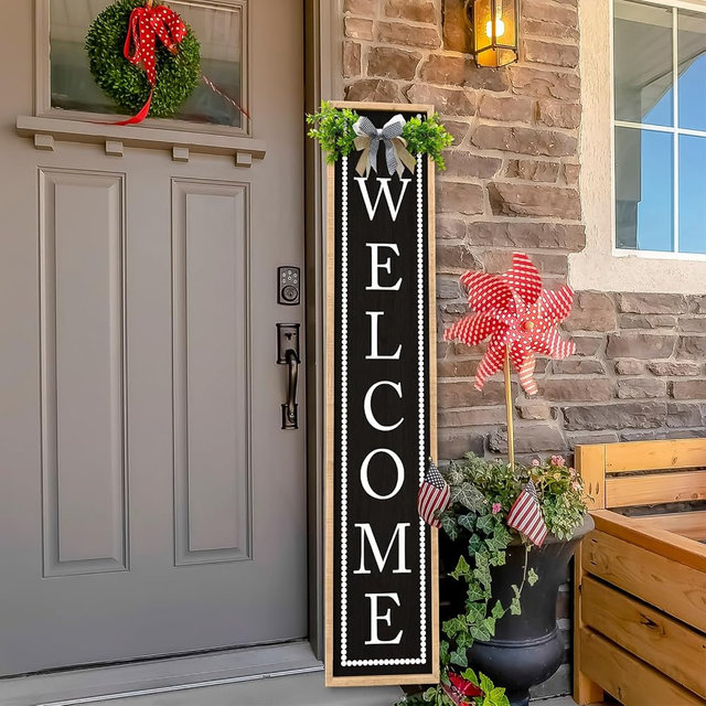 Aurapeak Welcome Sign for Front Porch Door Standing, Outdoor Large Wooden Home Rustic Farmhouse Yard Vertical Hanging Modern Entryway Plaques Outside Decorations (45"X9" Wood Black)