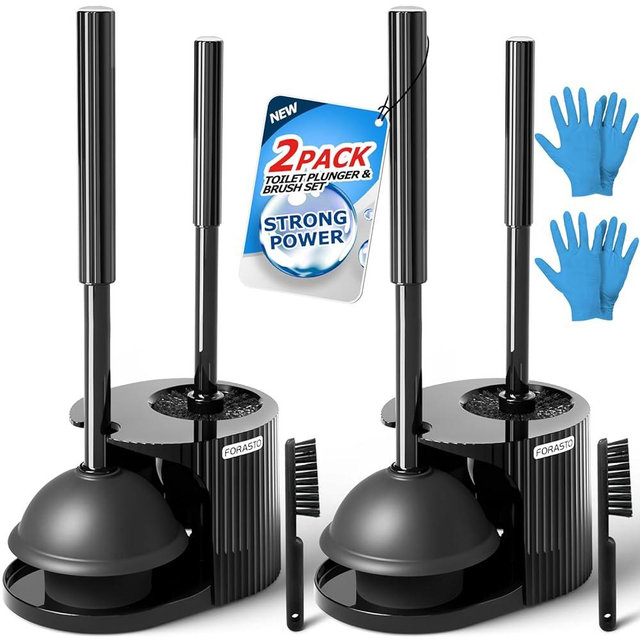 FORASTO 2Pack 2 in 1 Toilet Brush and Plunger Set, Extended Handle Plunger,Toilet Bowl Brush Plunger Set,Clean Gloves,Cleaning Tools,Cleaning Brush,Cleaning Supplies,Toilet Brush Plunger Combo,Black
