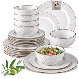 GBHOME Ceramic Dinnerware Sets, 24 pcs Embossed Elegant Stoneware Plates and Bowls Sets, Housewarming Wedding Gift | Dishwasher & Microwave Safe | Dishes Set Service for 8