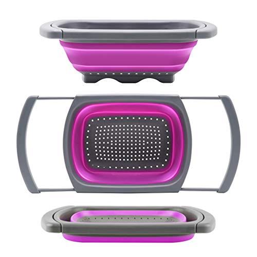 QiMH Collapsible Colander, Kitchen Colander Set Over Sink Strainer Veggies/Fruit Colanders Strainers with Extendable Handles, Dishwasher Safe Folding Strainer for Kitchen, 6-Quart, BPA Free (Purple)